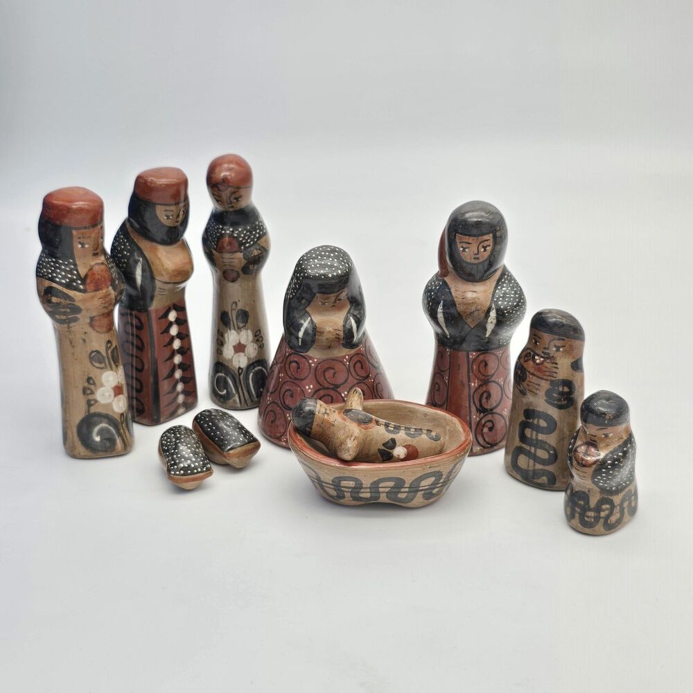 Vintage Tonala Hand Painted Burnished Nativity Set 11 Pieces Mexico
